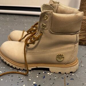 Timberland Cream Leather Lace-Up Boots with Gold Accents